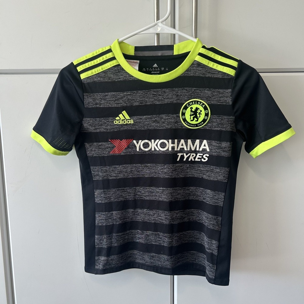 Adidas Chelsea FC Boys Youth Soccer Jersey Black Grey Neon Yellow Size S Small